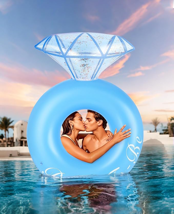 HeySplash Pool Floats, Inflatable Diamond Ring Pool Float, Large Engagement Ring Floatie for Bachelorette Party, Swim Tube River Lake Wedding Bride Stagette Decor Fun Toy Raft for Adults, Blue