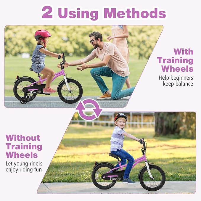 BABY JOY Kids Bike, 12 14 16 18 Inches Sporty Bicycle with Training Wheels, Adjustable Seat, Handbrake & Coaster Brake, Reflectors, Girls Boys Bike for 3-8 Years Old Children
