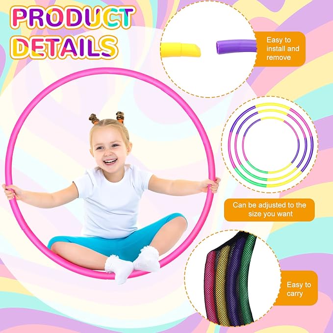 Sratte 12 Pcs Toy Hoop for Kid Detachable Adjustable Toy Hoop Colored Hoop Exercise Ring Plastic Circle for Kid Teen Gymnastics Dog Agility Equipment, Require Self Assembly(Simple Colors, 24 Inch)