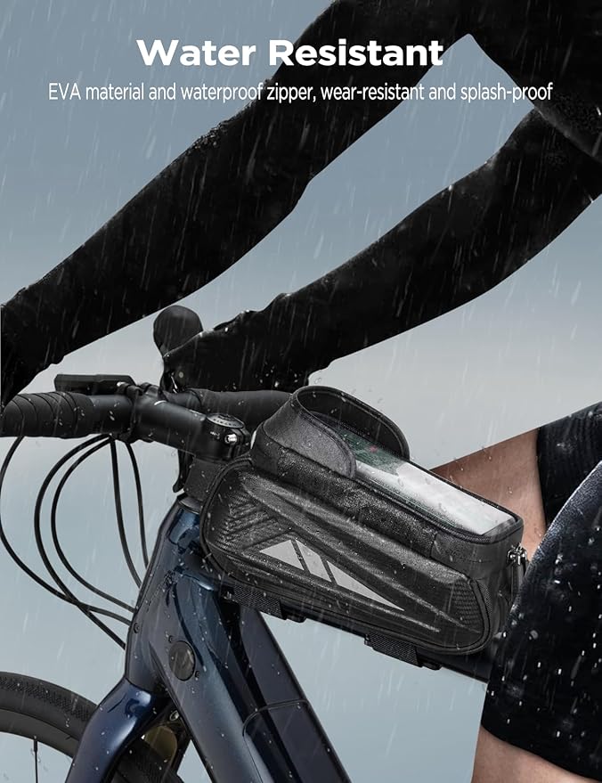 Bike Phone Holder Bag, EVA Waterproof Bicycle Front Frame Bag, Bike Accessories Cycling Pouch with Sensitive TPU Touch-Screen, Bicycle Phone Mount with Rain Cover for Phone under 7" (Black, 7 inch)