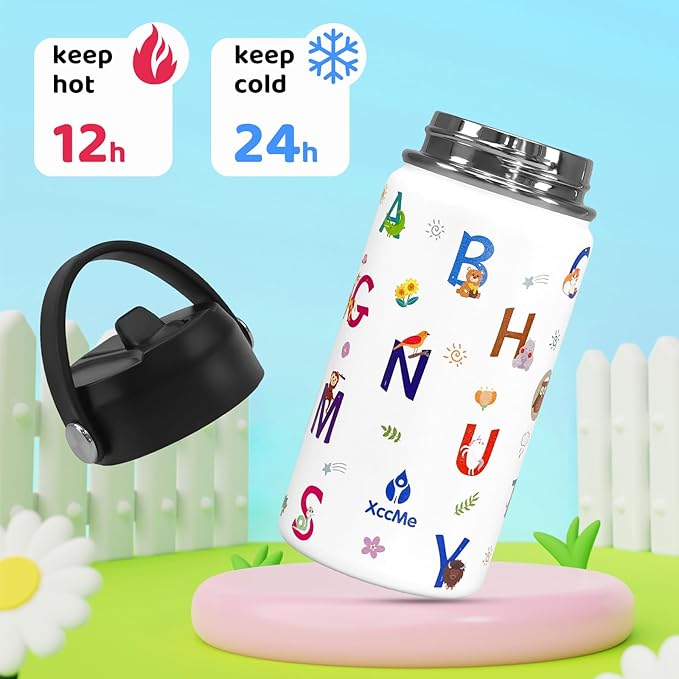 Alphabet Kids Water Bottle With Straw Lid,14 oz Stainless Steel Travel Bottle,Double Wall Leak Proof Kids Cup,Insulated Tumbler for Toddlers,Metal Animal Bottle for School Boys Girls