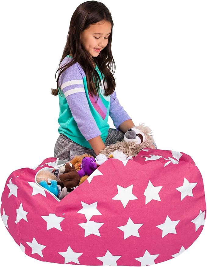 Posh Creations Kids Stuffed Animal Storage Bean Bag Chair Cover - Childrens Toy Organizer, Large-38in, Canvas White Stars on Pink