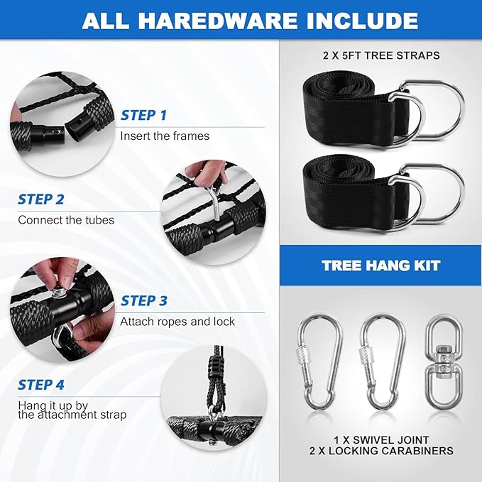 Odoland Spider Web Tree Swing for Kids and Adult, Outdoor Saucer Net Round Swing with Steel Frame and 2 Hanging Straps and Turnbuckle - 43in Large Platform for Backyard Park Travel