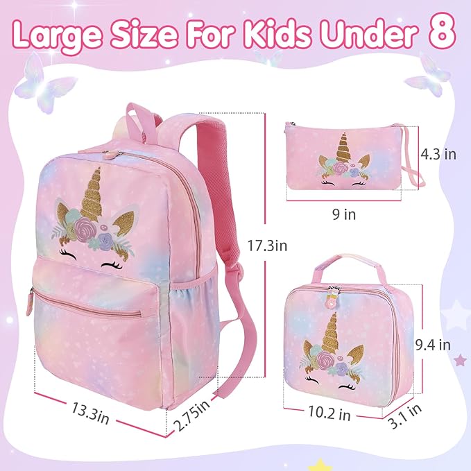 Cokouchyi 3 Pcs Kids Backpack Set with Lunch Box & Pencil Case, Lightweight Preschool Backpack for Girls Age 3-8, Kids Book bag Elementary, Unicorn