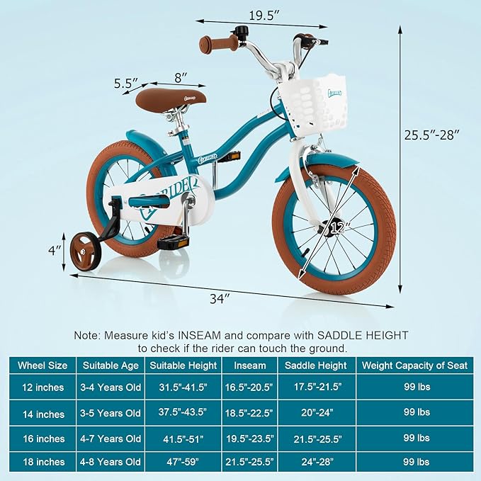 BABY JOY Kids Bike, 12 14 16 18 20 Inch Boys Girls Bike w/Adjustable Seat, Removable Basket, Handbrake & Coaster Brake, Training Wheels or Kickstand, Kids Bicycle with Multi-Color