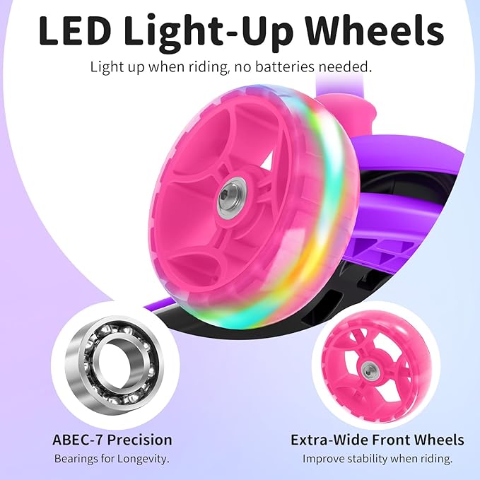 BELEEV A9 Kids Scooter with LED Light-Up Wheels & Deck, 3 Wheel Folding Scooter for Toddlers Girls Boys Ages 3-12, Adjustable Handlebar, Lean to Steer, Extra-Wide Wheels, Kick Scooter for Children