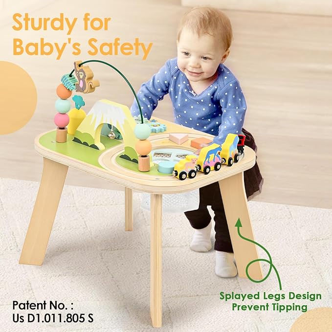wingyz 9-in-1 Activity Table for 1 Year Old Toddler, Multi-Colorful Wooden Montessori Toys, Baby Play Table with Bead Maze Shape Sorter Train Toy, Educational Gifts for 12 Months+ Kids Boys Girls