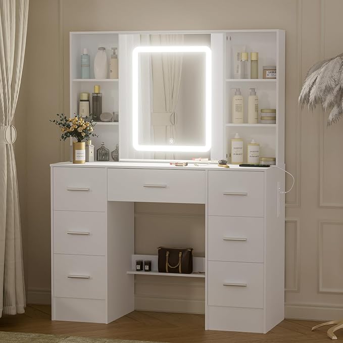 Vanity Desk with Sliding Mirror and Lights, 39.4''W White Vanity Desk with Lighted Mirror, Drawers, 3-Mode Lights, Adjustable Brightness, Makeup Vanity Dressing Table for Bedroom, Girls, Women Gifts