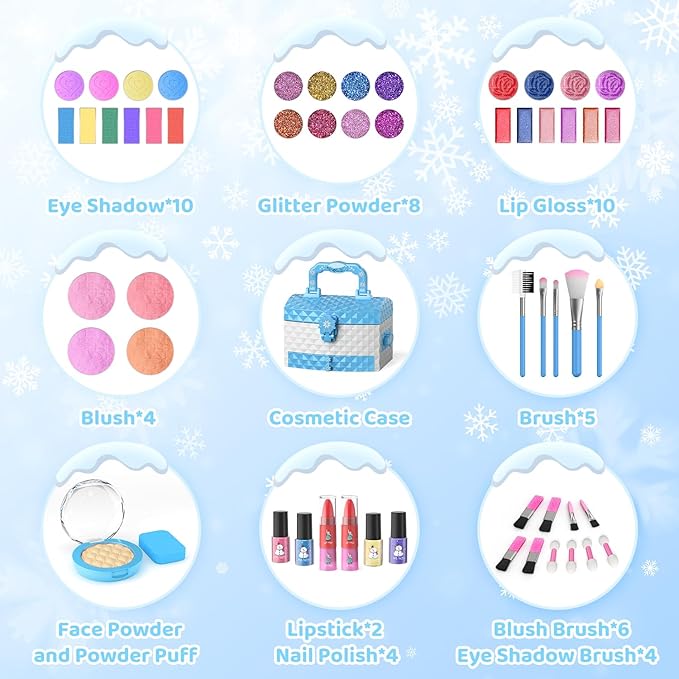 PERRYHOME Kids Makeup Set for Girl 56 Pcs Washable Real Cosmetic, Non-Toxic Frozen Toys Toddler Makeup Kit, Princess Dress up Christmas & Birthday Girl Gift for 3 4 5 6 7 8 9 10 11 12 Year Old Girls