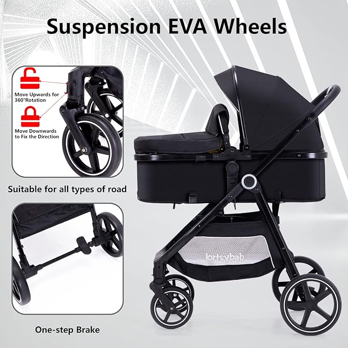 2-in-1 Baby Stroller - Folding Infant Newborn Pram Stroller with Reversible Seat - Toddler Strollers for 0-36 Months Old Babies