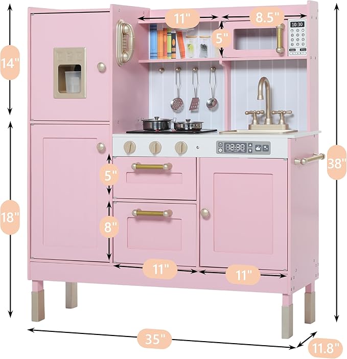 Play Kitchen for Kids, Wooden Kids Kitchen Playset with Realistic Sounds, Children Pretend Toy Kitchen Playset w/Stove, Oven & Ice Maker, Little Chef Play Kitchen for Girls and Boys, Pink