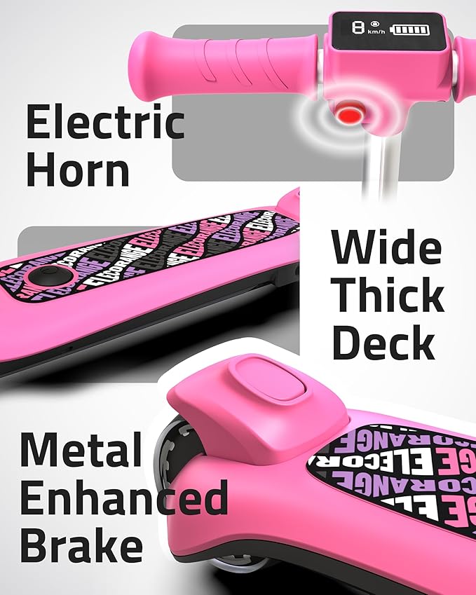 Elecorange T200/T500 Balance Electric Scooter for Kids Age 4-9, 2 Types Front Wheels, Electric Horn, Full Body Lights Up, Wide Deck, 5Mph Safe Speed, 70min Riding, Foldable Kick Scooter Boys & Girl