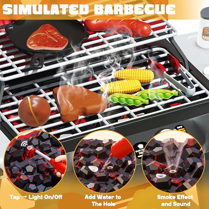 Kids BBQ Grill Playset, Kitchen Playset with Smoke Sound Light and Wheel, Movable Pretend Play Toy Grills for Kids Ages 4-8, 2-Layer Outdoor Cooking Toys for Toddlers 3-5 Birthday Gifts