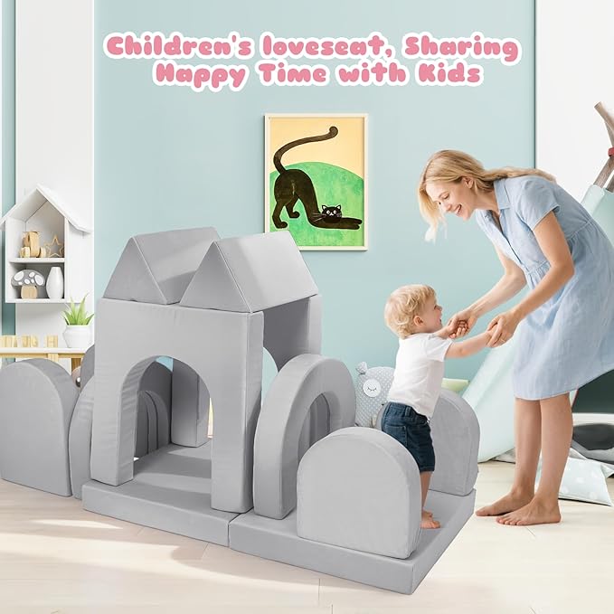 12 Pcs Modular Kids Play Couch, Toddler Couches That Fold Out, Plush Foam Chair for Children’s Playroom, Velvet Fabric Convertible Foam and Floor Cushion for Boys and Girls (Gray,07)