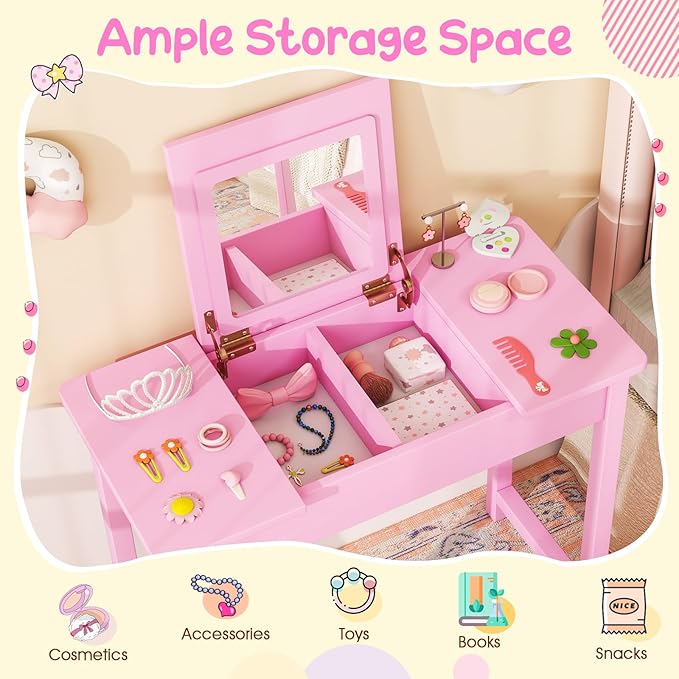 Costzon Kids Vanity, 2 in 1 Girls Vanity Set with Flip Top Mirror, Hidden Storage Space, Wooden Toddler Makeup Vanity Desk Dressing Table, Kids Vanity Table and Chair Set (Pink)