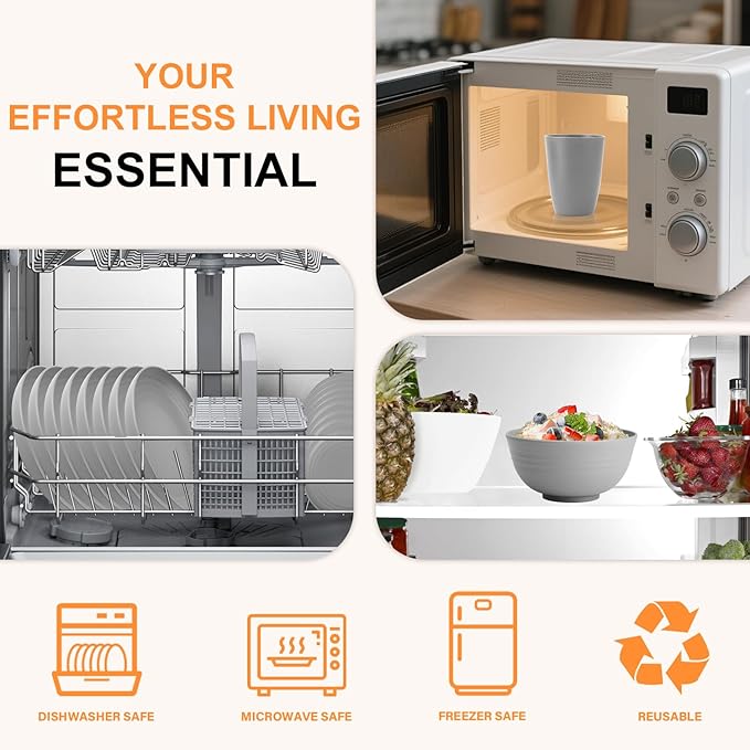 Wheat Straw Dinnerware Set 32 PCS, Dinner Plates,Dessert Plates, Drinking Glasses, Wheat Straw Bowls Set, Microwave and Dishwasher Safe Dishes Set for 8 for Outdoor, Camping, Picnic - Grey