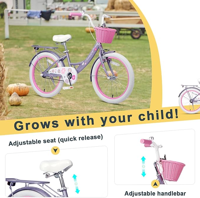 Glerc Maggie Girls Bike, 12-20 Inch Kids Bike for 2-13 Years Old Children, Princess Style Kids Bicycle with Doll-Seat & Basket & Training Wheels, Multiple Colors
