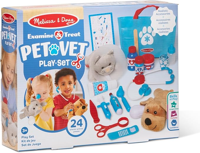 Melissa & Doug Examine and Treat Pet Vet Play Set, 24-Piece Animal Doctor Playset with Dog & Cat Plushies, Pet Doctor Kit & Accessories, Preschool Toys for Girls & Boys Ages 3+
