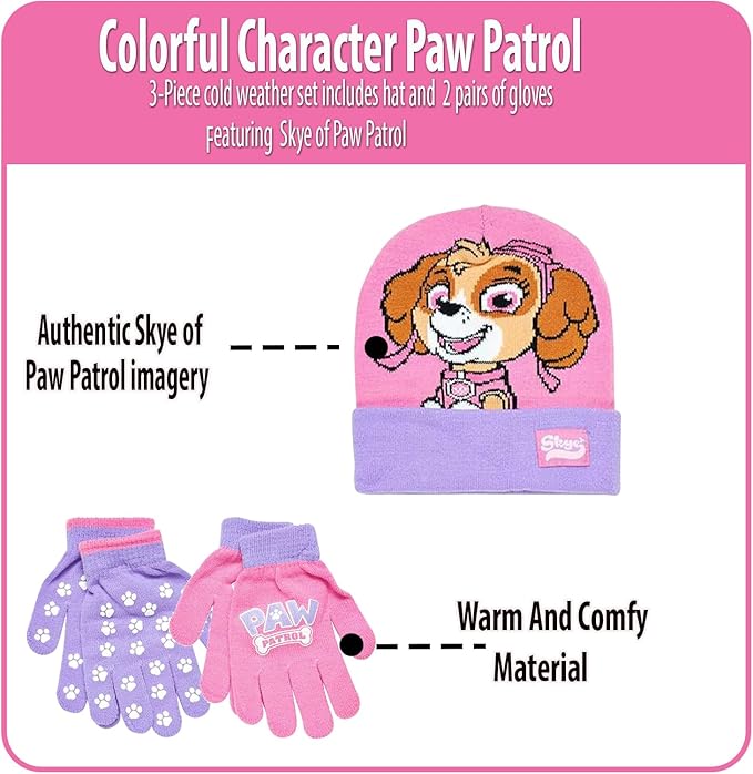 Nicklelodeon Paw Patrol Girls Winter Hat and 2 Pair Mittens or Gloves (Age 2-7), Size Age 4-7, Paw Patrol Reversible Glove with Handwarmers