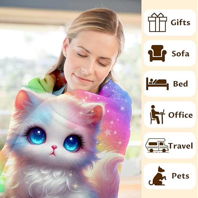 Girls Blanket Personalized Cat Stuff Throws Gifts for Kids Teens Age 8-12, 50x60 Inches Custom Comfy Soft Cozy Throw for Couch Bedroom Outdoors Home Decorations