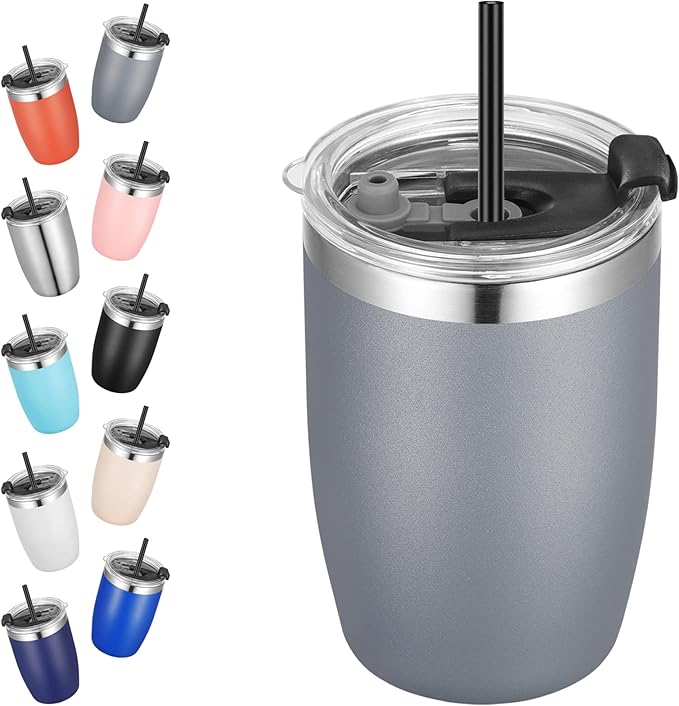 VEGOND Stainless Steel 12 oz Tumblers bulk Vacuum Insulated Double Wall Travel Tumbler with Lid and Straw Reusable Tumbler, Grey 1 Pack