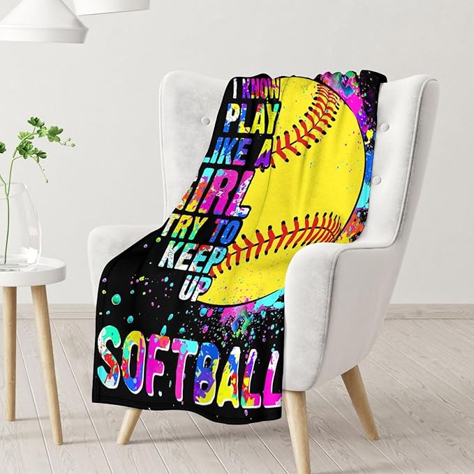 Softball Stuff for Girls - 30x40 Inches Softball Throw Blanket for Kids - Black Warm Lightweight Blankets for Sofa, Lap & Office