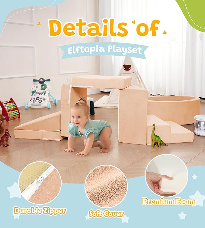 Foam Climbing Blocks with Ball Pit & Stairs for Toddlers Aged 1-3 -Soft Playset for Indoor Crawling, Foam Playground Set for Baby to Active Playing Inside -(Balls NOT Included),Beige