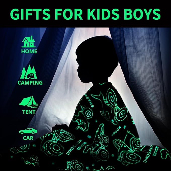 Wesan Dinosaur Glow in The Dark Blanket Boys Dino Toys Kids Shark Truck Toy for Teens Children Birthday Easter Gift Fun Fluffy Plush Throw Gray 50"x60"