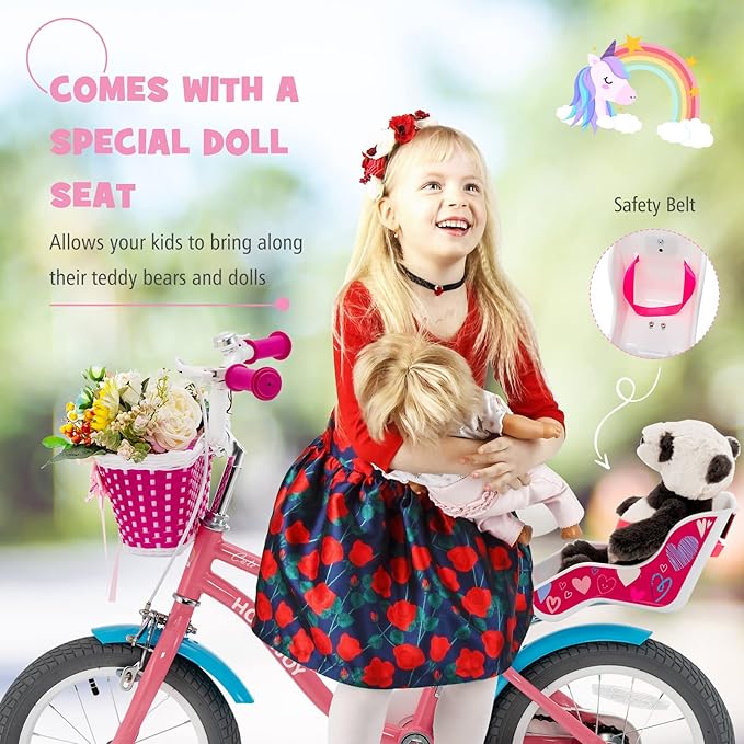 BABY JOY Kids Bike, 12 14 16 18 Inch Children Bicycle w/Detachable Training Wheels, Storage Basket, Adjustable Seat & Handlebar, Bow or Streamer, Girls Bike for 3-8 Years Old