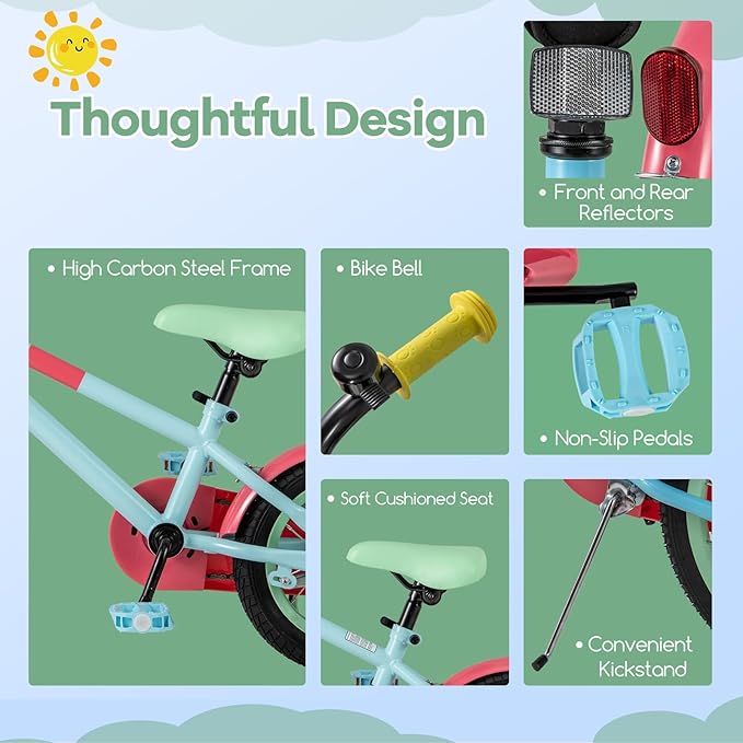 BABY JOY Colorful Macarons Kids Bike, 12 14 16 18 Inch Sporty Children's Bicycle with Training Wheels, Adjustable Handlebar & Saddle, Handbrake & Coaster Brake, Boys Girls Bike for 3-8 Years Old