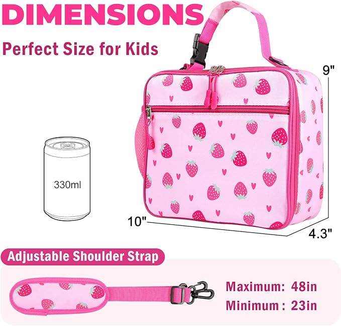 Kids Lunch Box Kids Lunch Bag for Girls Boys, Insulated Lunch Bag for Men with Shoulder Strap, Small Lunchbox for Girls School Travel Picnic (Pink, Strawberry)