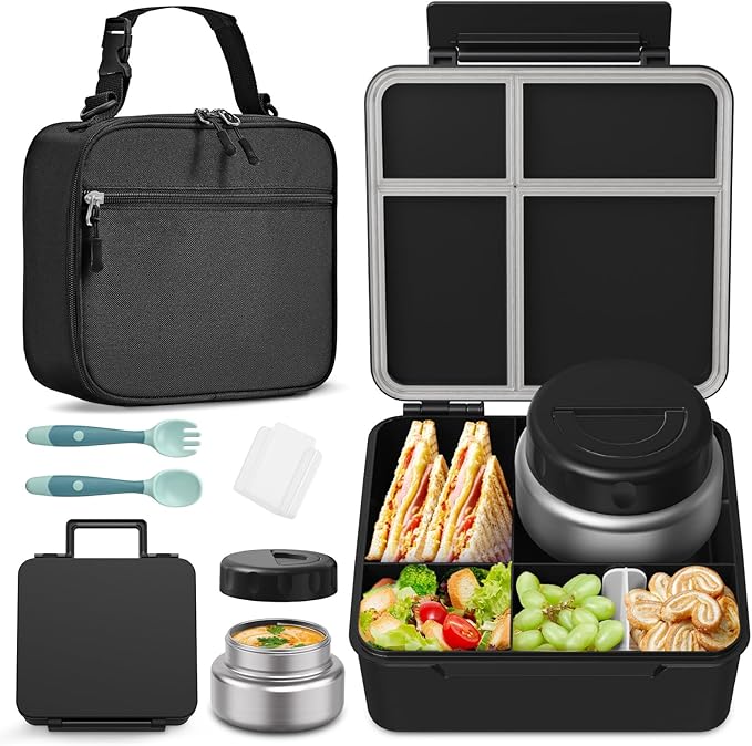 Bento Box for Kids with Thermo Food Container (9oz), 4-Compartment Lunch Box, Adjustable Divider, Leakproof Bento Lunch Box, Includes Utensils & Carry Bag for School, Office(Black)