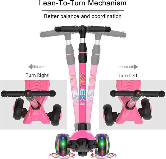 Allek Kick Scooter B03, Lean 'N Glide 3-Wheeled Push Scooter with Extra Wide PU Light-Up Wheels, Any Height Adjustable Handlebar and Strong Thick Deck for Children from 3-12yrs (Rose Pink)