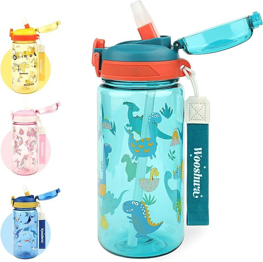 Kids Water Bottle for School or Travel, 20 Oz Durable Plastic Water Bottle with Silicone Straw and Pop-Up Spout Cover, BPA Free & Dishwasher Safe(Dinosaur)