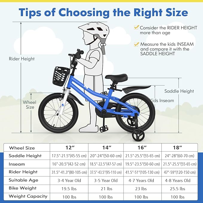 COSTWAY Kids Bike, 12 14 16 18 Inch Toddler Bike for Boys & Girls Aged 3-8 Years Old, Kids Bicycle w/Removable Training Wheels, Handbrake & Coaster Brake, Basket, Bell