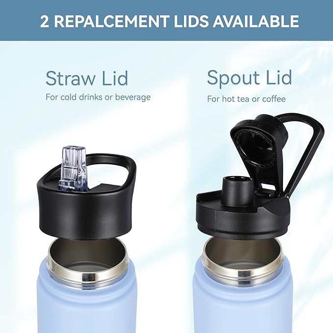 HASLE OUTFITTERS Insulated Water Bottle 16 oz Double Wall Vacuum Stainless Steel Water Bottle Leak Proof for School Wide Mouth with Straw Lid & Spout Lid Keeps Cold and Hot(Light Blue,4pack)