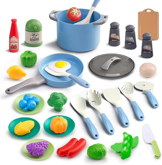 35Pcs Kids Kitchen Toy Accessories, Toddler Pretend Cooking Playset with Play Pots, Pans, Utensils, Cookware, Play Food Set, Toy Vegetables, Learning Gift for Girls & Boys (Blue)