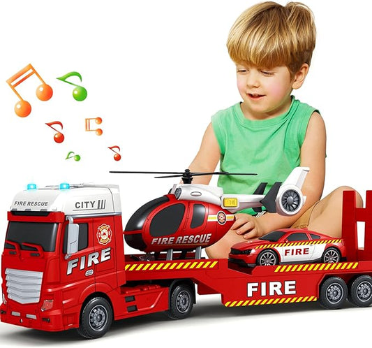 SpringFlower Truck Toddler Boy Toys, 25" Large Fire Truck Toy with Racing Car and Helicopter,3 in 1 Lights Sounds Fire Boy Vehicle, Christmas Birthday Gifts for Kids 3 4 5 6 Years Old
