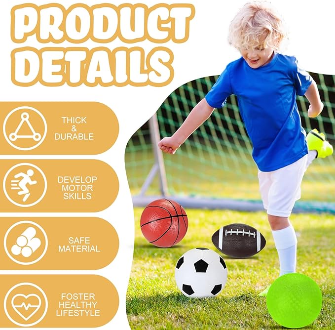 Sports Balls with Pump for Kids 5" Basketball, 5" Soccer, 5" Playground Ball, 6.3" Football for Indoor Outdoor Play Games Gifts