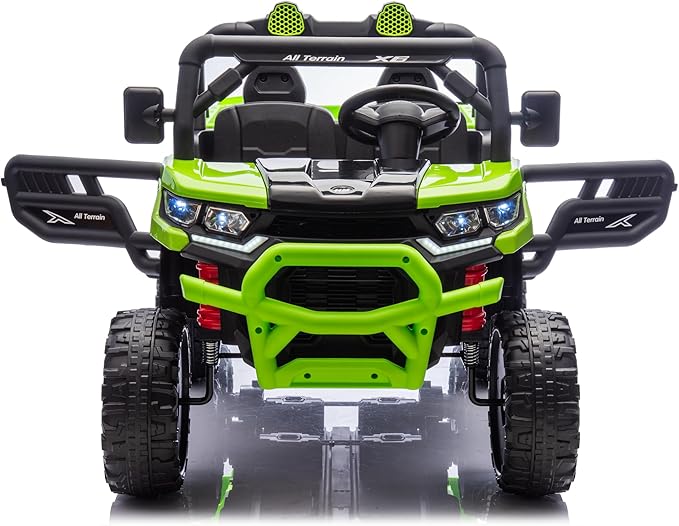 24V UTV 2 Seater Dump Truck with Remote Control, Electric Dump Bed, 4WD Power Ride on Truck Cars 6x6 Wheels, Music, Storage Trunk, Shovel for Kids-Green