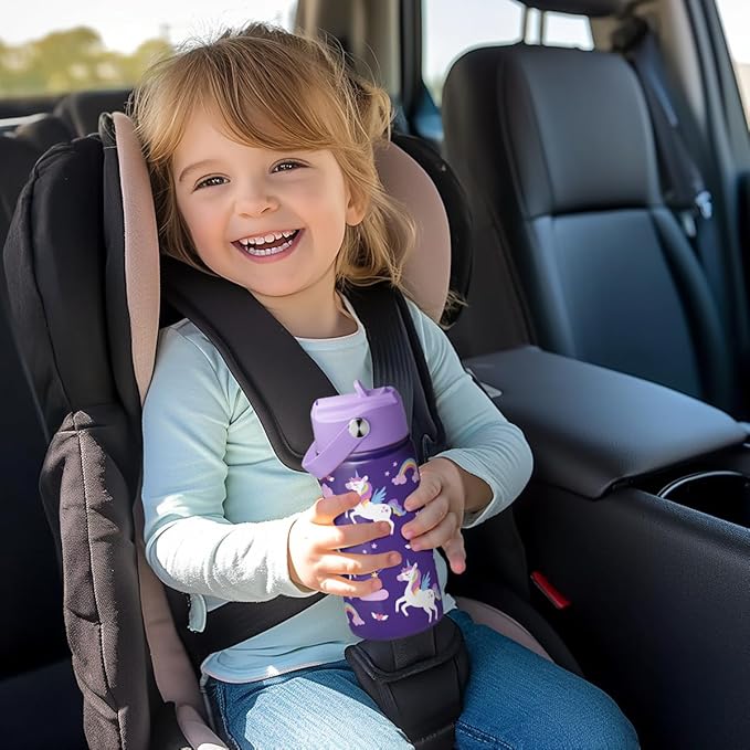 SANDJEST Kids Water Bottle with Straw Lid, Pack of 2 Insulated 12 Oz Stainless Steel Water Bottles for Girls, Travel Cup for School Sports, Unicorn - Rainbow