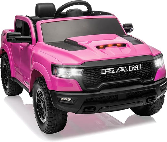 First Ride On Licensed Ram 1500 12V Ride on Toys, Kids Ride on Car with Remote Control, Electric Vehicle for Toddler with Smooth Start, Pickup Truck Bed Storage, Spring Suspension, Aux Port (Pink)
