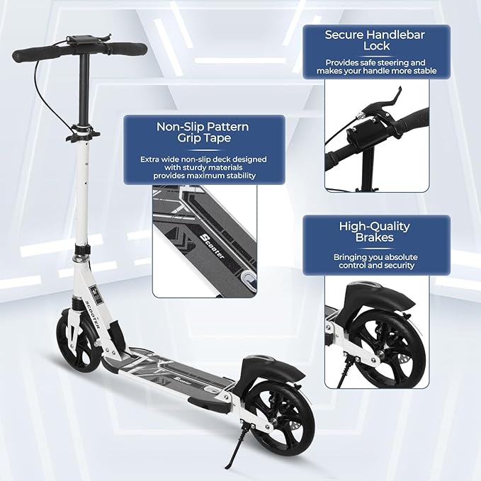 Nattork Scooter for Kids Age 6+, Teens and Adults- Adjustable Height Folding Kick Scooter with Large Sturdy Wheels for a Smooth Ride, Lightweight, Anti-Shock Suspension for Boys and Girls