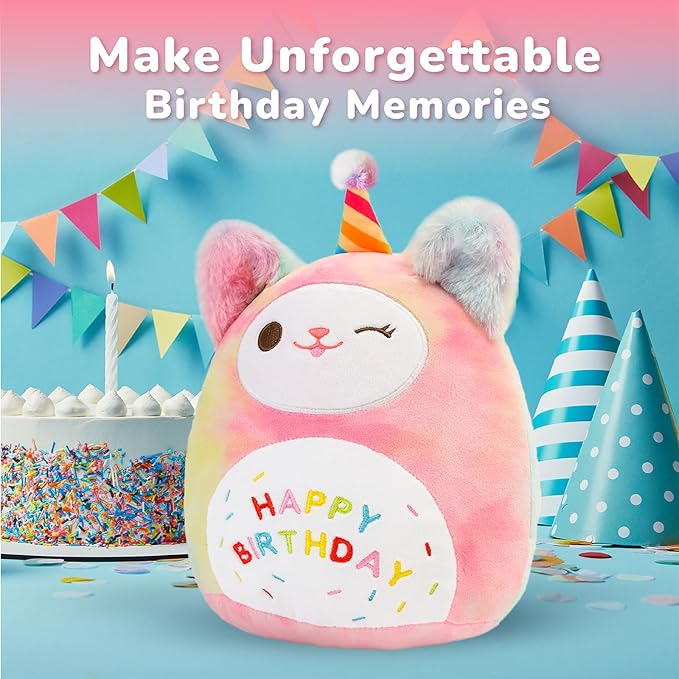 Sioloc10.6 Rainbow Birthday Cat Plush Pillow - Soft Kitten Stuffed Animal Toy, for Kids, Toddlers, Birthday Decor