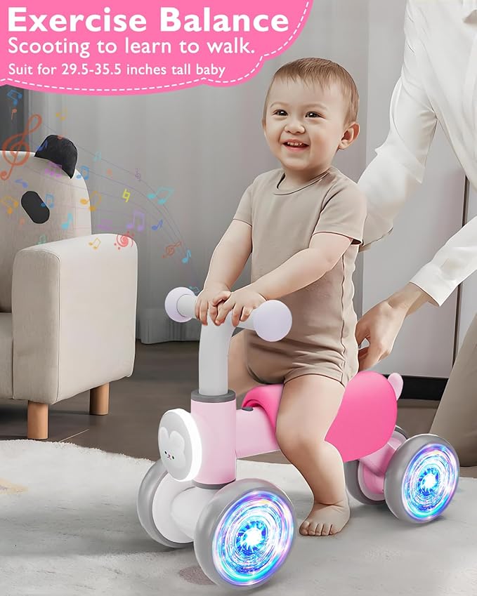 Colorful Lighting Baby Balance Bike for 1 Year Old Girls, Toddler Toys for 1 Year Old Girls Gifts, First Bike with Music and Soft Seat, 12-24 Month Toddler Balance Bike, First Birthday Gifts