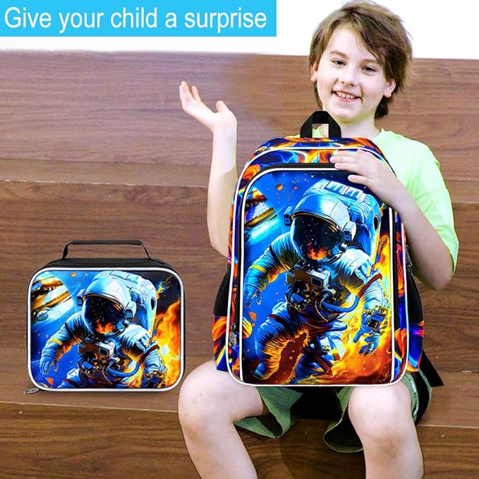3Pcs Space Backpack for Boy, 17" Fire Bookbag for Elementary Preschool Kindergarten, Kids School Backpacks with Lunch Box (Red)
