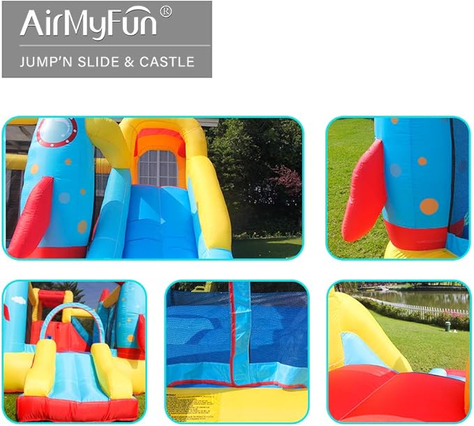 AirMyFun Inflatable Bounce House,Bouncy Castle with Air Blower,Play House with Ball Pit,Inflatable Kids Slide,Jumping Castle with Carry Bag(Rocket Theme)