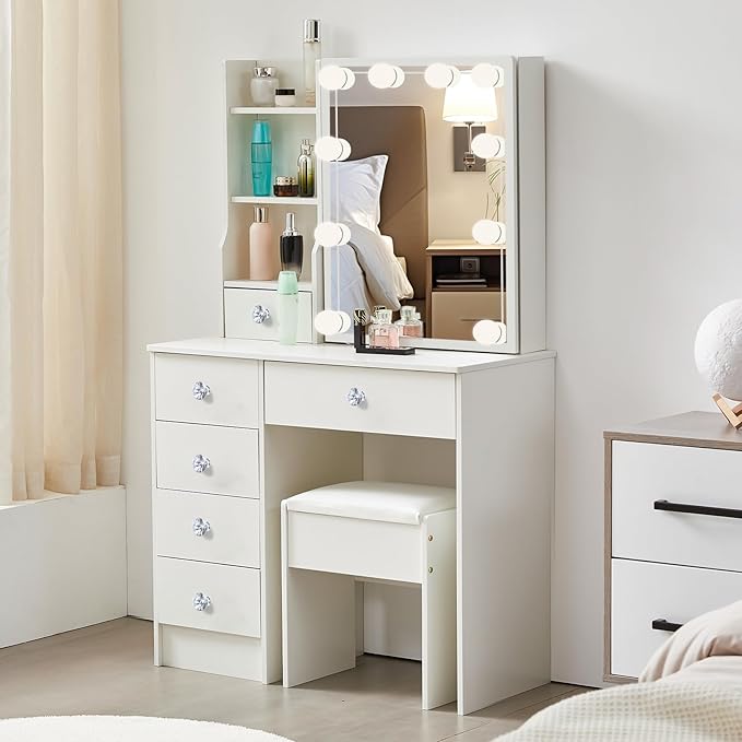 Hollywood Vanity Desk with Mirror and Drawers, Large Tabletop, 3 Color Modes Lighted Mirror Dressing Table, Makeup Vanity Set with Cushioned Stool for Girls and Women