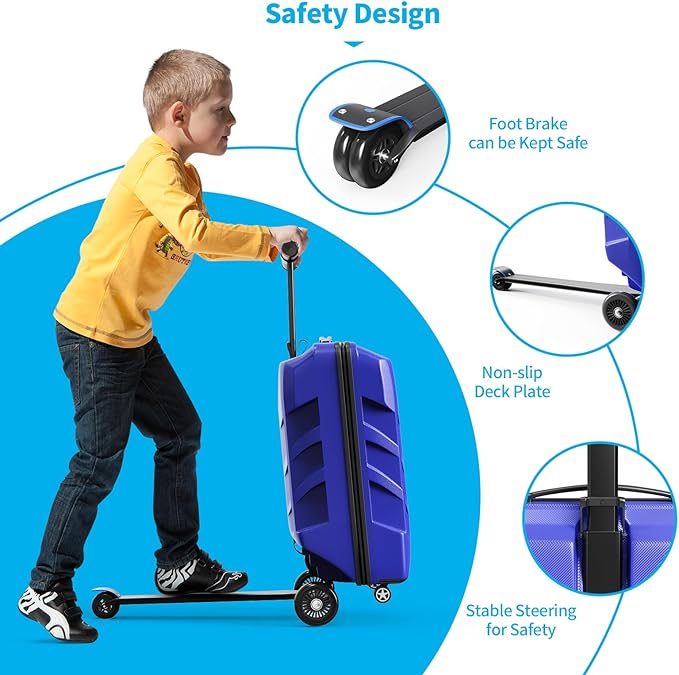 Scooter Suitcase 3-D Hardshell Ride Scooter Luggage for Kids Age 7-15, Cute Lightweight Kids Luggage with Wheels, Girls&Boys Multifunctional Ride On Travel Trolley Scooter Combo-Blue
