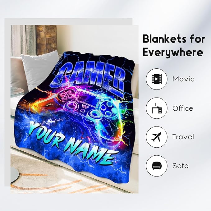 Blanket for Boys Gaming Blankets Personalized Gifts for Gamer Lovers, Soft Plush Cozy Throw for Son Grandson Kids Room Decor (4 Sizes)